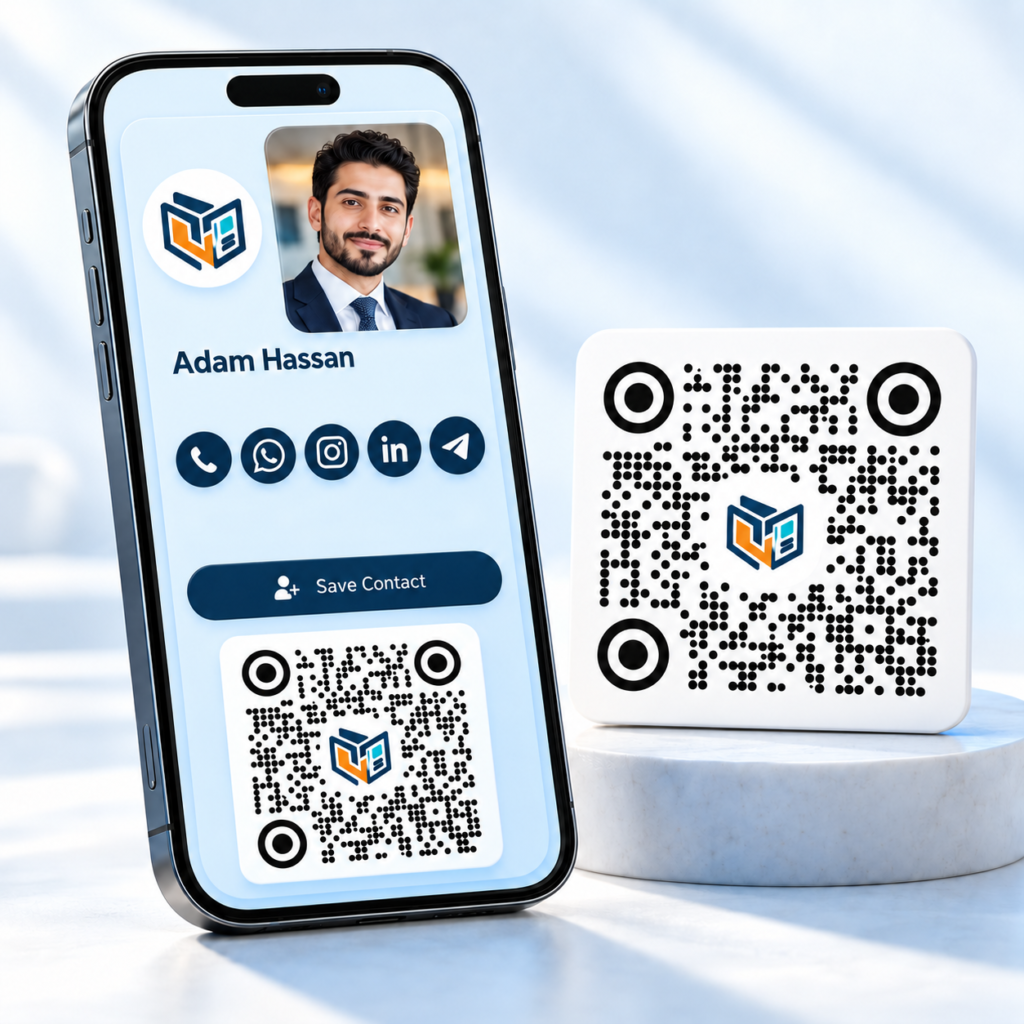 Digital business card with social icons and a dotted QR code featuring a centred company logo