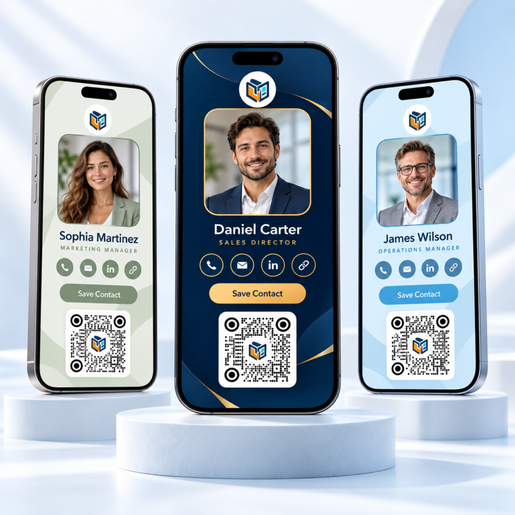 Coordinated company team digital cards with centred logos in dotted QR codes